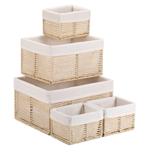 Hand-Woven Paper Rope Storage <b>Basket</b> Set with Soft Fabric Liner, <b>Rectangular</b> Cube Storage Bins for Home Organization - Product Image 1