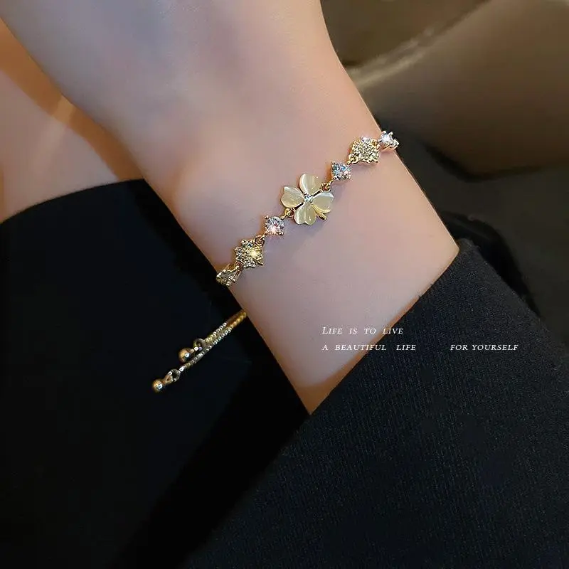 Позолоченные браслеты с четырьмя листьями клевера из натурального камня регулируемые браслеты Изысканный бриллиантовый ящик цепочка регулируемый браслет для женщин