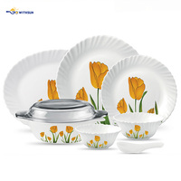 Service de table en verre opale 33 pièces, bord ondulé, motif floral tulipe, assiettes, bols et plats à gratin en verre résistant à la chaleur pour les repas en famille à la maison
