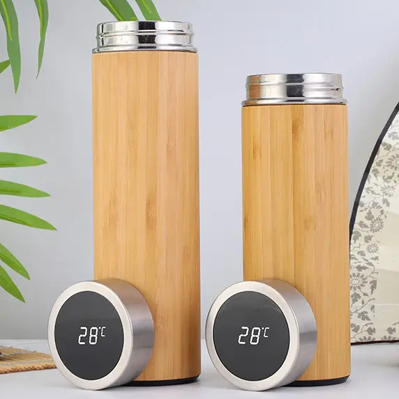 500ml Thermos Mug Led Temperature Display Smart Touch Bamboo Wooden Stainless Steel Insulated Vacuum Flasks Thermos