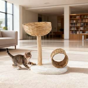 LM Holz-Katzenbaum Katzenmöbel Katzenhöhle Katzen-Spielbaum Haustier-Holzspielzeugbaum Handgefertigter Wasserhyazinthen-Haustierbaum mit Bett - Product Image 1