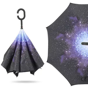 Logo baskılar ile tedarikçi ters şemsiye özel çift katmanlı dışarı C şekli kolu tasarım ters ters şemsiye