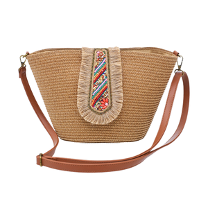 Premium Bohemian Crossbody <b>Bag</b> Large Capacity Fashionable <b>Straw</b> Woven Shoulder <b>Bag</b> Nylon Single Strap Zipper Closure Flower - Product Image 1