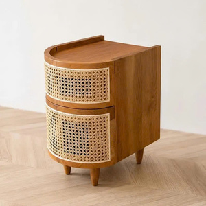 Mesa de Noche de Teca y Ratán con Dos Cajones, Diseño de Mediados de Siglo, Mueble de Dormitorio, Gabinete de Almacenamiento, Color Natural - Product Image 6