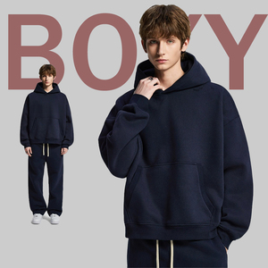 <span class=keywords><strong>Felpa</strong></span> con <span class=keywords><strong>Cappuccio</strong></span> Boxy Cropped da Uomo 360GSM, Foderata in Pile, Oversize con Spalle Cadenti, Tasca a Canguro, Stile Streetwear Americano - Product Image 4