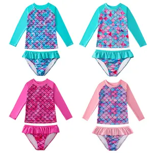 2023 Hot Summer Beach Style 2 Pieces Mermaid Print Swimming Long Sleeve Shirts & Shorts Baby Girls Swimwear