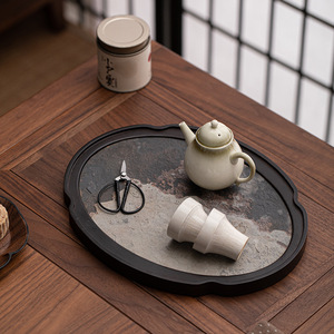 Plateau à thé Wabi Sabi rond en pierre, support pour théière domestique, fait main, durable - Product Image 4
