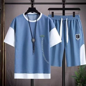 Ensemble de survêtement décontracté en tricot gaufré pour adolescents, tendance estivale, couleur contrastée, manches courtes, short, tenue élégante et tendance - Product Image 4