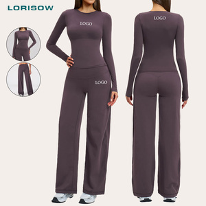 Completo <span class=keywords><strong>Sportivo</strong></span> a Maniche Lunghe, Tuta da Yoga Delicata sulla Pelle con Pantaloni Larghi a Vita Alta Elasticizzata, Set <span class=keywords><strong>Sportivo</strong></span> 2 Pezzi per Palestra e Jogging - Product Image 1