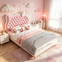 Abgerundeter Massivholz-Polsterbettrahmen mit Katzenkopf-Kopfteil, Cremefarbenes Bett mit Aufbewahrungsschubladen für Prinzessinnen-Kinderzimmer