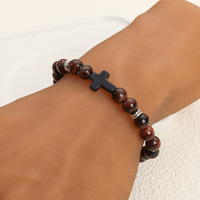 Bracelet en pierre naturelle œil de tigre noir mat en gros, bracelet de couple tendance en turquoise avec croix