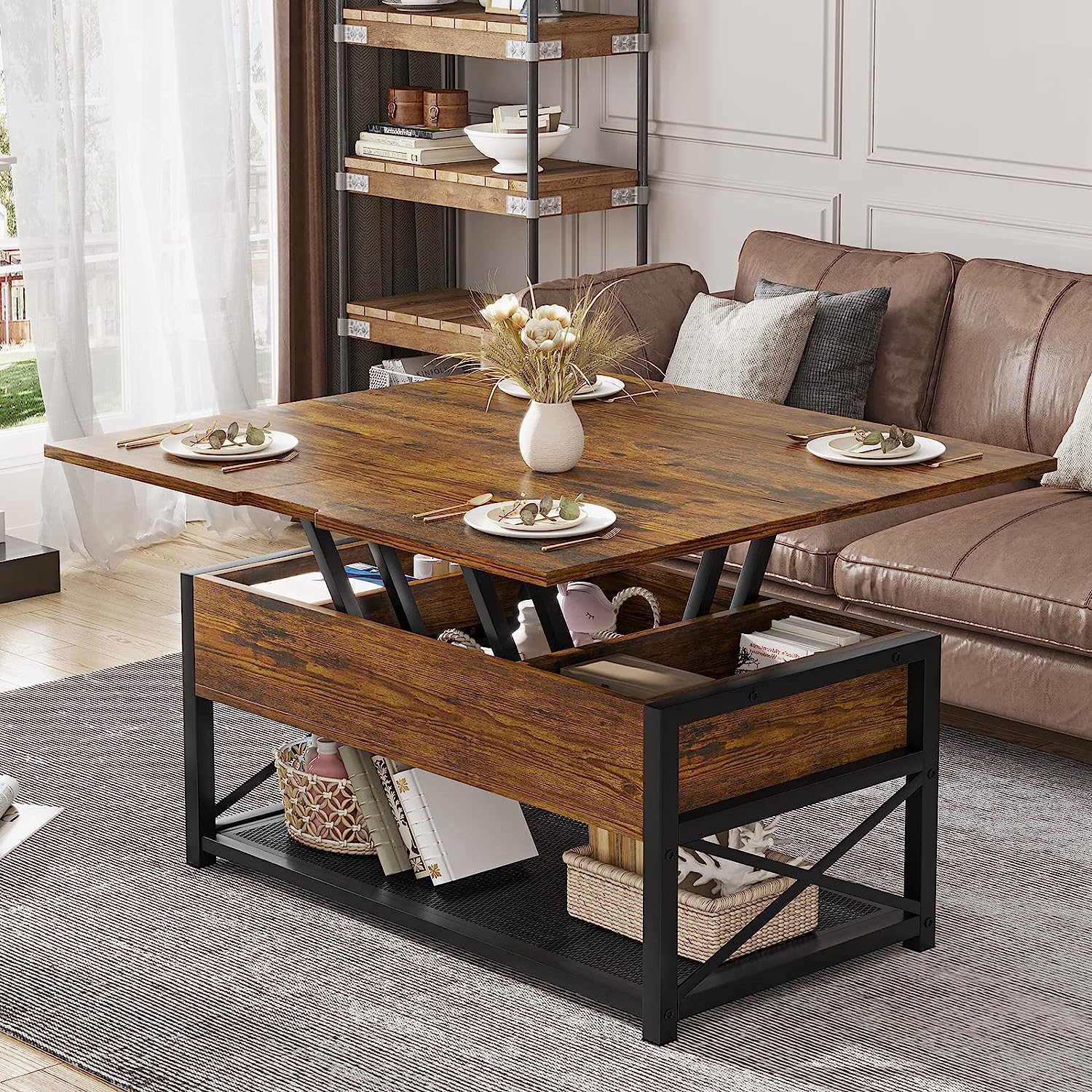 2 Way Lift Top Coffee Table with Hidden Compartment and Storage Shelves Retro Coffee Table with Metal Mesh for Living Room