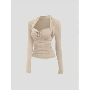 Top de Manga Larga Personalizado para Mujer, Cuello Corazón, Botones Metálicos, Corte Ajustado, Elegante, Tejido de Punto con Spandex y Poliéster - Product Image 1