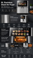 Friteuse à air chaud domestique en acier inoxydable à double chauffage, 8,0 L, 1800 W, écran LED, 10 menus rapides, sécurité par micro-interrupteur - En stock, Offre Spéciale