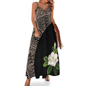 ชุดเดรสยาวลายสักชนเผ่าโพลีนีเซียน ลายดอกชบาและดอกลีลาวดี <span class=keywords><strong>คอ</strong></span>วี แขนกุด สำหรับฤดูร้อน ชุดไปเที่ยวทะเล  ดรอปชิปปิ้ง - Product Image 4