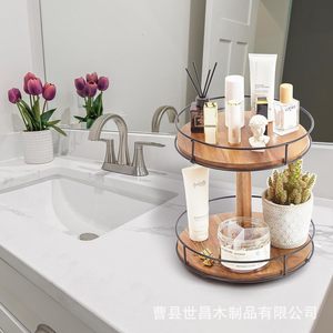 Wooden Double Layer <b>Rotating</b> <b>Spice</b> <b>Rack</b> 2 Tier Kitchen Storage Organizer Multipurpose With Metal Frame And Wooden Base - Product Image 3