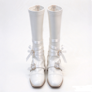 Bottes hautes en cuir verni pour femmes, à bout pointu, avec strass, talons, décorations de perles, bottines de soirée, chaussures habillées - Product Image 5