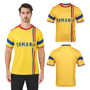 유로 루마니아 하이 퀄리티 100% 폴리 에스테르 반팔 축구 셔츠 통기성 및 빠른 건조 패브릭 축구 유니폼