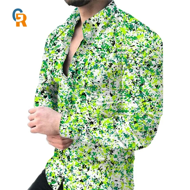 New green splash ink design polka dot print men's shirt street trend oversized printed shirt