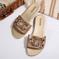 Damen Open-Toe PU-Sandalen mit Quadratschnalle, Slip-On Flache Sandalen für Sommer, Strand, Outdoor, Party, Dating, Alltag und Einkaufen