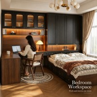 Ensemble de chambre à coucher moderne tout-en-un avec lit tatami, bureau intégré, armoire, vitrine avec bande LED
