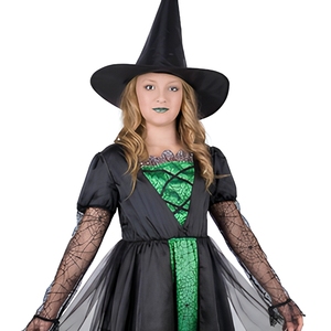 Costume da strega di Halloween per bambine, vestito con <span class=keywords><strong>ragnatela</strong></span>, cappello, maniche lunghe, abito cosplay verde e nero, abbigliamento per feste medievali e rinascimentali - Product Image 5