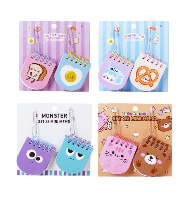 Mini Memo Keychain Notebooks Set (2PK)  Cute Monster, Bread & Animal Designs, Fun & Colorful Notepads for School, Office & Gifts