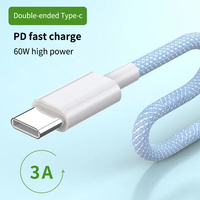Cable trenzado de 2M PD 60W, cable de carga rápida 3A con conectores duales tipo C macho a macho para teléfono inteligente IP 15 Pro Max