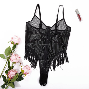 Lencería Sexy SacKnove 8209 para Mujer, de Alta Calidad, Imitación Piel PU, Diseño Hueco, con Tirantes, Malla, Borlas, Estilo Teddy, Color Nude - Product Image 6