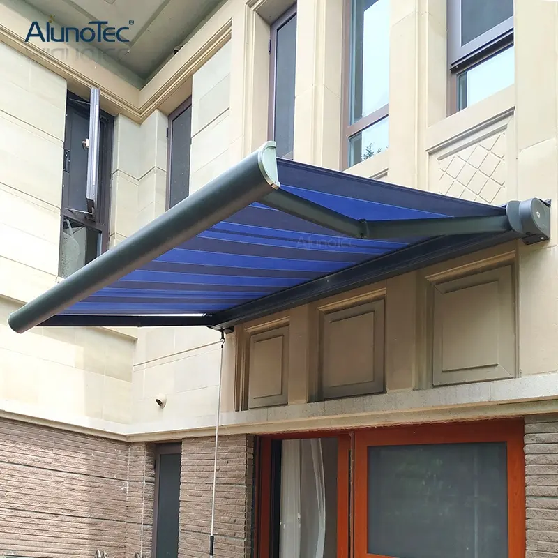 AlunoTec su geçirmez geri çekilebilir çatı Pergola kapağı açık tam kaset motorlu katlanır tente sistemi