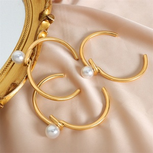 Minimalist Jewelry <b>Gold</b> Plated Stainless Steel <b>Adjustable</b> Pearl Charm Cuff Bangle <b>Bracelet</b> - Product Image 1