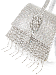 Sac de soirée de luxe Bell, inspiré des créateurs, carré, orné de diamants étincelants, en polyester, avec chaîne et pompon, sac à bandoulière pour mariée et mariage - Product Image 4