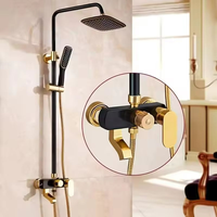 Ensemble de douche thermostatique 3 fonctions en aluminium brossé noir et or, avec pommeau de pluie, douchette à main et barre coulissante murale pour hôtels et appartements