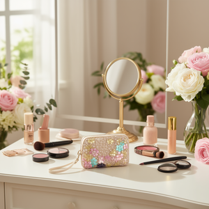 Pochette de maquillage florale brodée de perles et de paillettes 11x8x20cm pour femmes, pochette de rangement cosmétique - Product Image 3