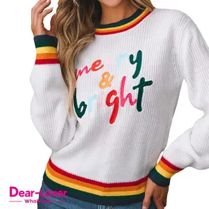 Dear-Lover Vente en gros de marque privée OEM ODM pull tricoté de Noël à encolure ronde avec paillettes et impression bouffante en blocs de couleurs pour femmes