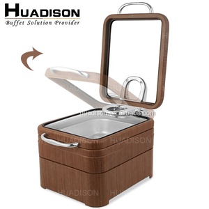 Huadison <span class=keywords><strong>restaurante</strong></span> suministros Sapele madera mini rectángulo buffet calentador de alimentos <span class=keywords><strong>cuatro</strong></span> litros platos de frotamiento con tapa de vidrio - Product Image 3