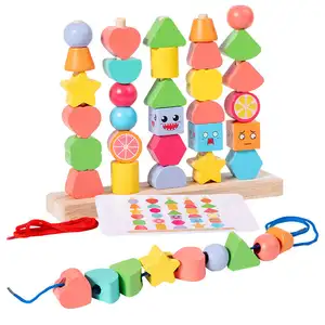 Montessori Wooden Beads Color Shape Matching Threading Column Game Educational Stacking Blocks Toys For Kids