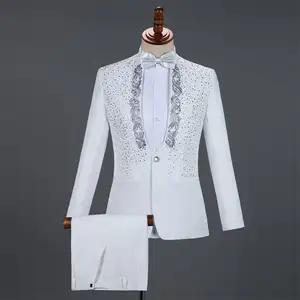 Mens Grooms Weddings Blazer Pants Set Singer Host Costume Stage Chorus Men's Dress Suit Stand-up Collar Sequin 2 Pieces Adults