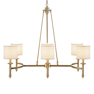 6-<b>Light</b> Chandelier <b>Gold</b> Finish Drum <b>Shades</b> Fabric Pendant <b>Light</b> Living Room <b>Ceiling</b> Fixture - Product Image 1