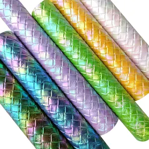 30 x 135 cm Holographic Purple Embossed Vinyl, Rainbow Basket Weave Faux Leather Fabric for Handbags Bows Sewing Crafts
