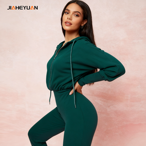 Conjunto Deportivo de 2 Piezas para Mujer, Sudadera Corta con Cierre y Leggings, Ropa Deportiva para Gimnasio, Color Verde Cazador, Corte Ajustado - Product Image 1