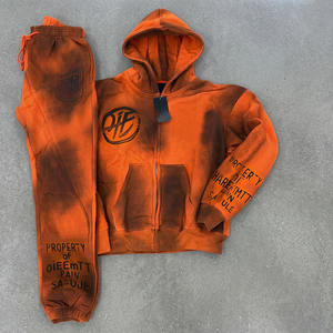 Ensemble sweat à capuche et pantalon de survêtement tie-dye orange pour homme, style streetwear, en coton French Terry, pour l'automne - Product Image 4