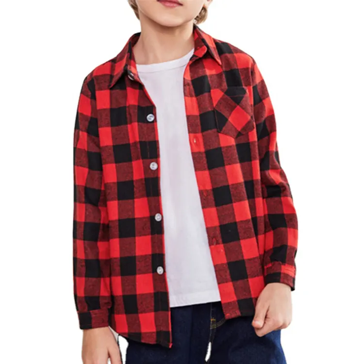 Autumn Winter Custom Kids Toddler Plaid Shirt Children Christmas Red And Black Plaid Casual Long Sleeve Flannel Shirts For Boys