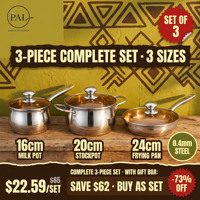 Juego de Utensilios de Cocina de Acero Inoxidable Moderno de 3 Piezas al por Mayor, Olla para Leche de 16, 20 y 24 cm, Olla para Salsas, Sartén, Apto para Inducción y Gas, Ecológico, Venta al por Mayor