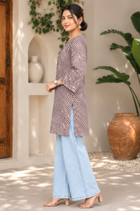 Brown Printed Kurti For Women V Neck Flared Sleeves Side Slit Ethnic <b>Tunic</b> Casual Daily Wear Stylish Indian Fashion Casual <b>Dress</b> - Product Image 4
