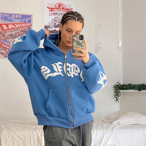 Sudadera con Capucha y Cremallera para Hombre, Estilo Urbano Oversize, Algodón Azul, Felpa Francesa, Logotipo Estampado Frontal, Manga Regular, Otoño - Product Image 4