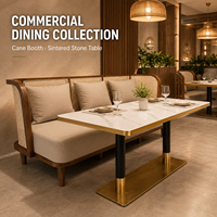 Banquette avec dossier en rotin et structure en bois foncé pour restaurant, ensemble de banquettes trois places pour café et hôtel