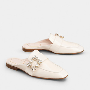 <b>Close</b> Square <b>Toe</b> PU Leather Upper Crystal Buckle Anti-Slippery Light Weight Flats <b>Mules</b> Women's Diamond - Product Image 1