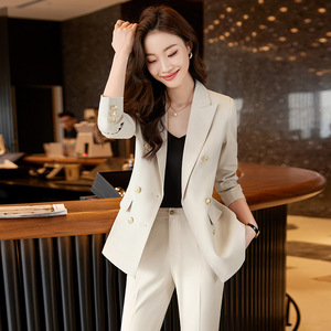 Women's Suit Set Blue Polyester Satin Three Quarter Sleeve Notched Collar Spring Formal <b>Work</b> Wear - Product Image 5