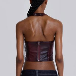 Conjunto de Falda y Top de 2 Piezas para Mujer, en Cuero PU, con Cuello Halter en V, Sin Mangas, Top Sexy con Cordones y Falda Ajustada - Product Image 5